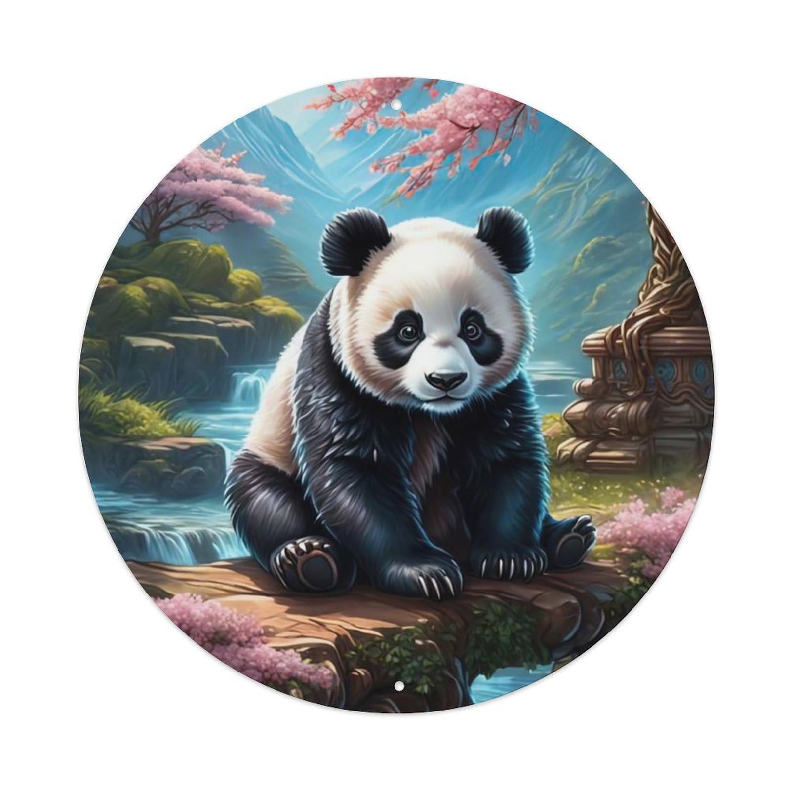 Animal Artwork Panda in Wonderland Vintage Metal Tin Sign Plaque Wall Decor for Cafe, Club, Garden Round Metal Poster 8x8Inch
