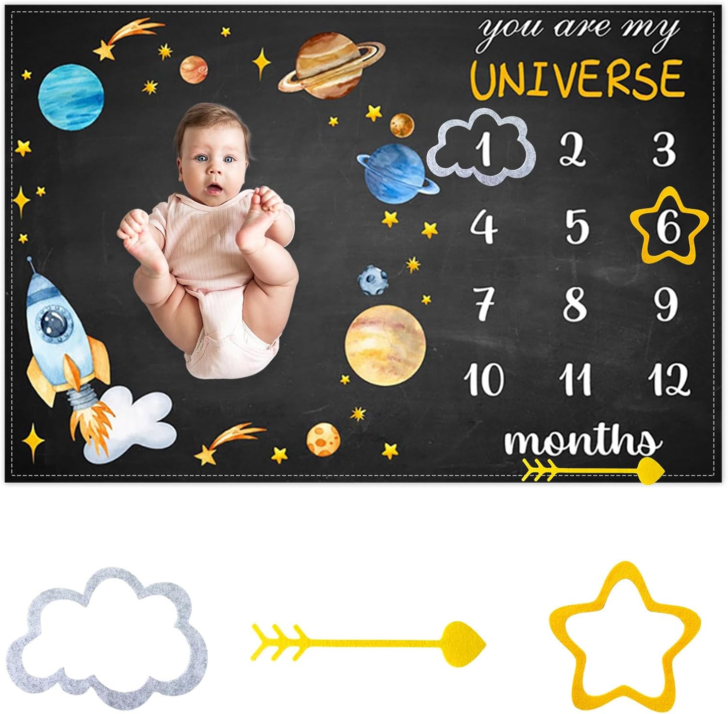 Outer Space Themed Baby Monthly Milestone Blanket Planet Cosmic Print Newborn First Year Growth Mat Baby Shower Memory Picture Recording Blanket 60"x40" with Frame