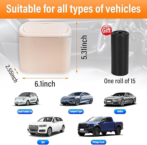 Miniatura 8 de Kewucn Mini cubo de basura para automóvil con tapa, cubo de basura portátil con 15 bolsas de basura, organizador universal para colgar a prueba de