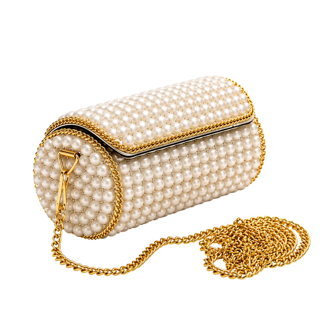 Pearl Evening Clutch Purse for Women | Luxury Beaded Pearl Minaudiere Bag with Detachable Gold Chain | White-image-49