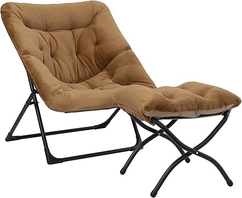 Miniatura 22 de Cómoda silla platillo para adultos, silla de dormitorio de piel sintética suave con otomana, sillas de dormitorio decorativas, sillas de lectura