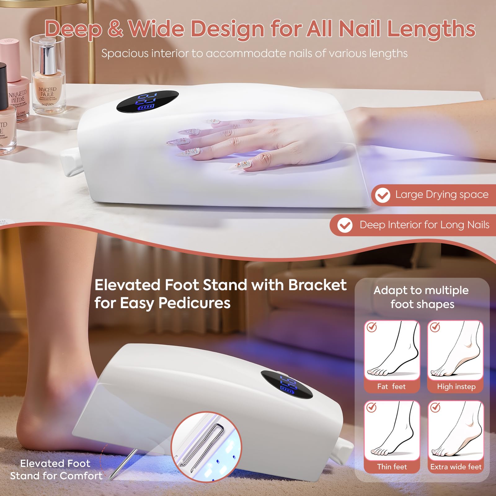 Lámpara LED UV inalámbrica de 72 W, luz UV profesional para uñas de gel, secador de uñas recargable de secado rápido con 4 temporizadores, 45 cuentas, sensor inteligente, soporte de pie retráctil