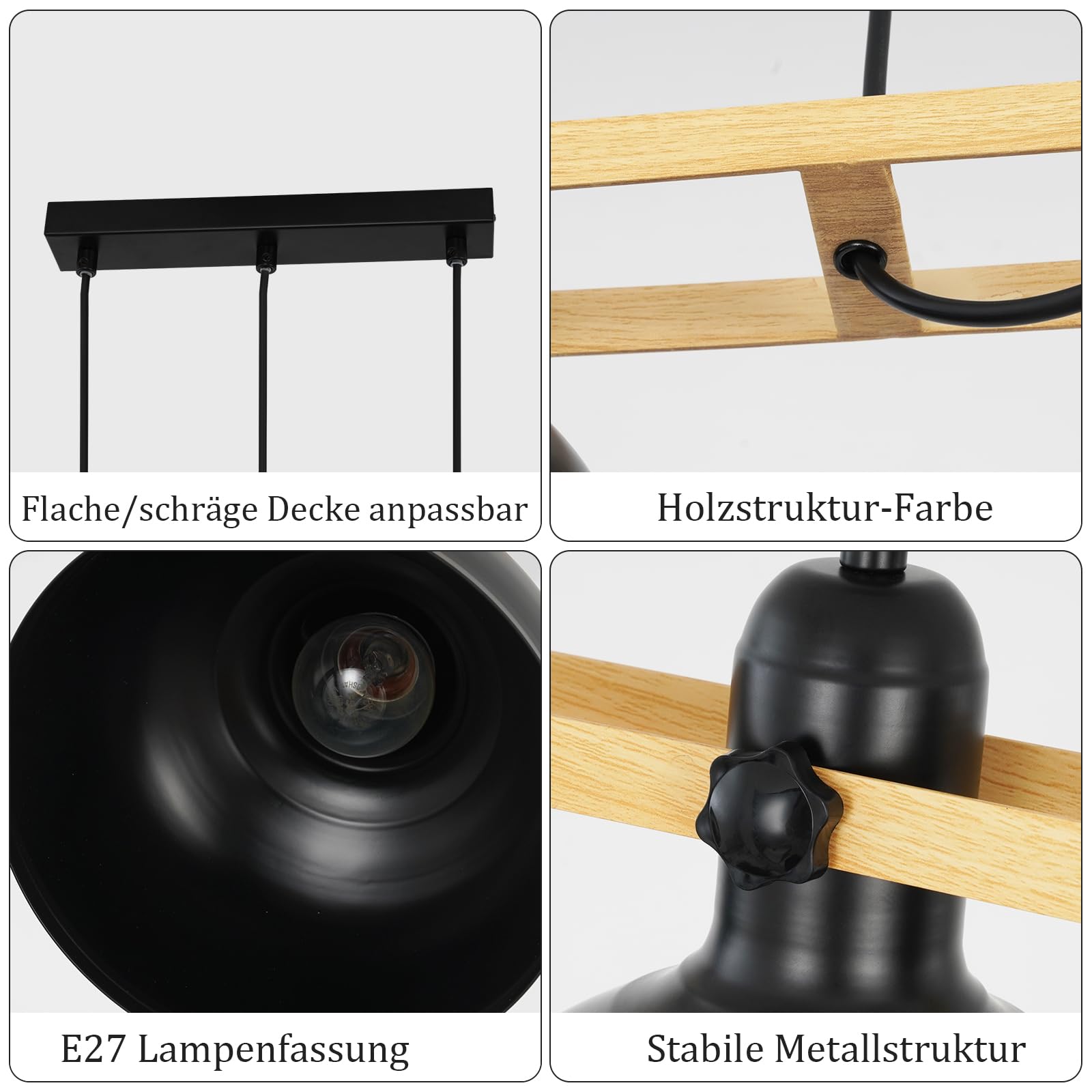 GBLY Hängelampe Vintage Pendelleuchte Holz Esstisch E27 Metall Hängeleuchte | 3 Flammig Holzbalken mit Schwarz Lampenschirm Retro Esszimmerlampe Industrial Esstischlampe für Küche Esszimmer