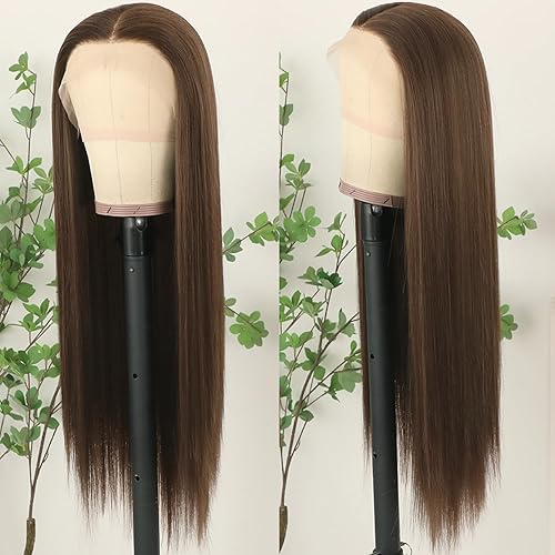 Miniatura 4 de Lezaxiu - Peluca de encaje frontal de pelo sintético largo y lacio, para mujeres negras, fibra de pelo resistente al calor, sin pegamento, densidad