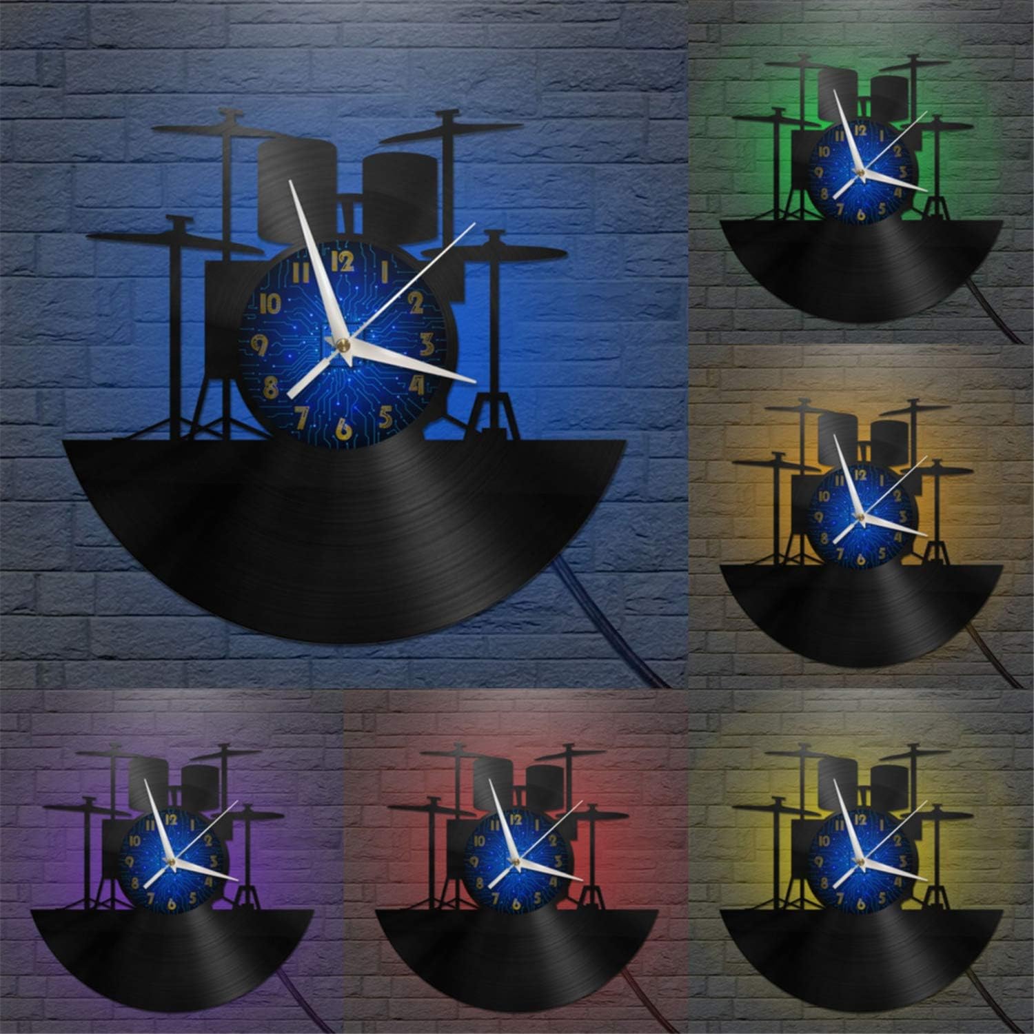 Generic Drum kit 12 Inch Vinyl Record Wall Clock - Silent, Creative, and Unique Clock for Living Room, Entryway, or Bedroom Decor Idea (B) with LED, Blue