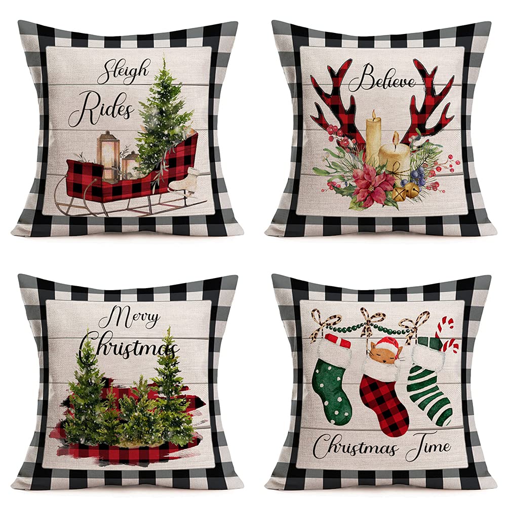 Tlovudori 4Pack Winter Merry Christmas Grey Buffalo Plaid Check Throw Pillow Coves Xmas Wood Sleigh Rides Elk Xmas Trees Stocking Cotton Linen Pillowcase Home Cushion Cover 18”x18” (WE-Grey)