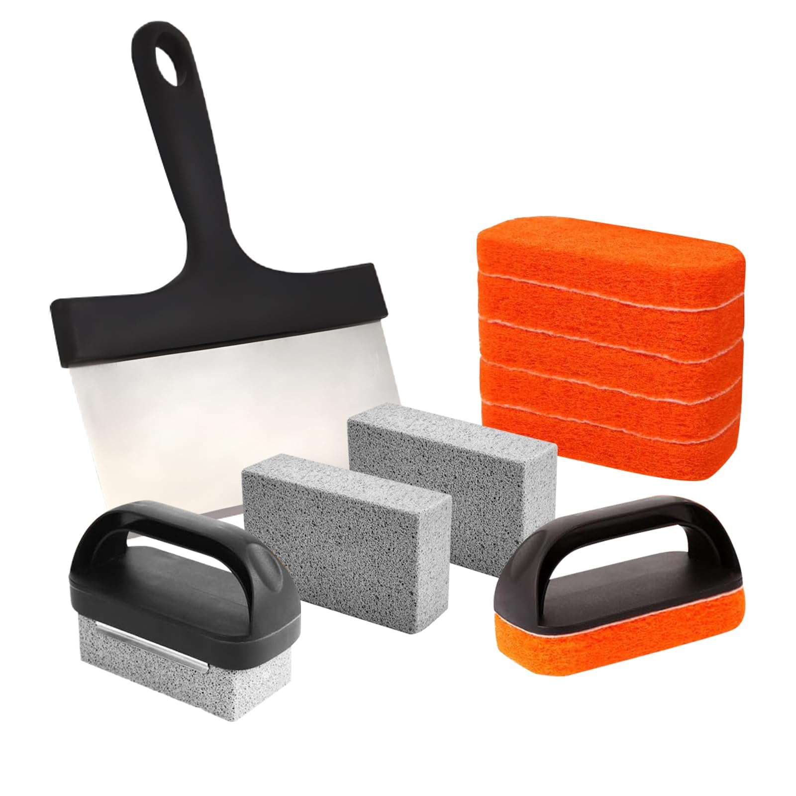 Grill-Reinigungsset für Blackstone, robuster Schaber und ergonomische Griffe | Kratzfeste Scheuerpads mit flacher Oberseite, Gusseisen, Öfen und Grillflächen, entfernt hartnäckiges Fett leicht
