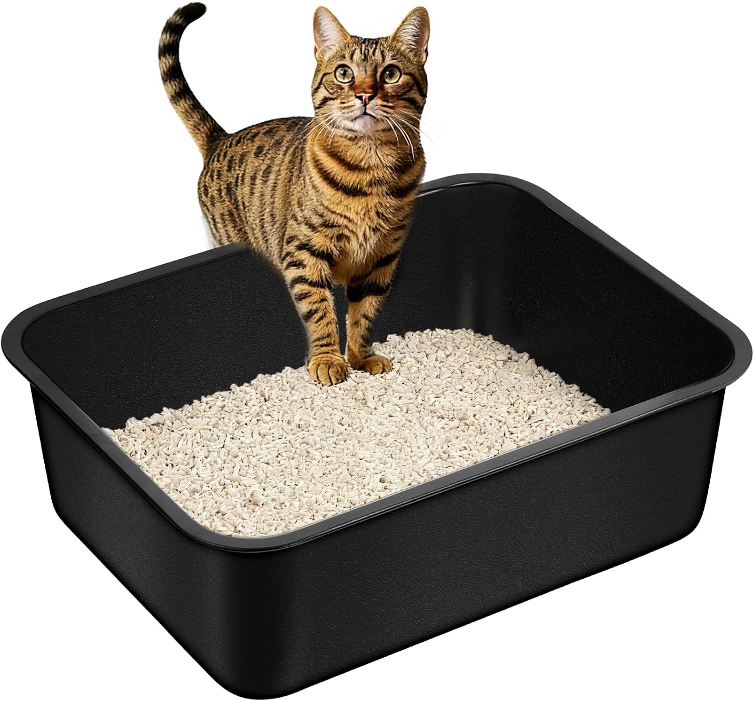 Steel Litter Box - High Sided Metal Cat Litter Box Pan,Non-Peeling Black Paint Coating Inside & Outside, Easy to Clean Non Stick Cat Litterbox Tray Toilet Pet Supplies for Indoor Kitty, Puppy, Kitten