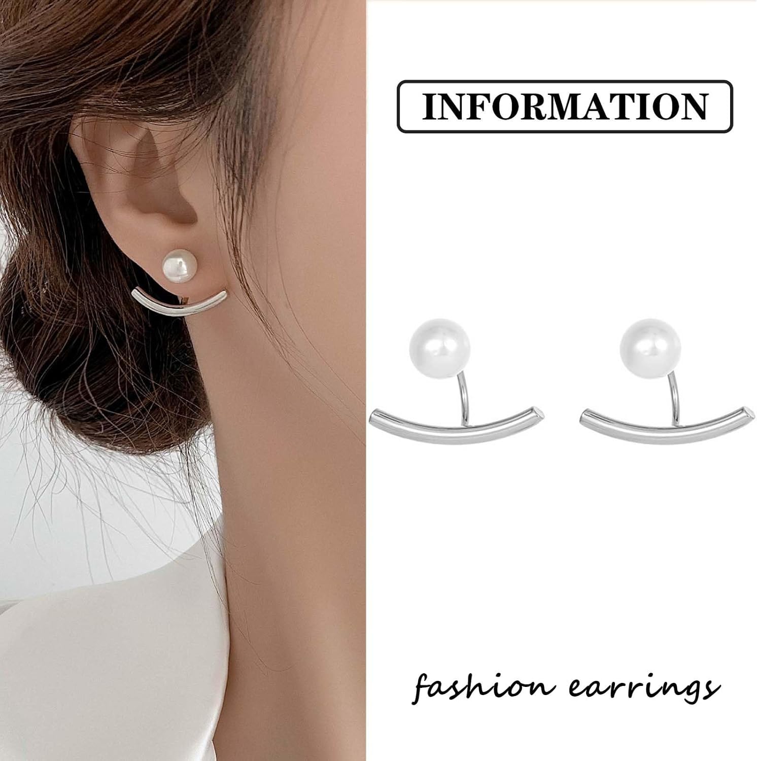 Pearl Jacket Earrings for Women Bohemian Pearl Arc Earrings Silver Pearl Stud Earrings Arc Bar Earrings Vintage Front Back Earrings Jewelry for Girls Gifts - Image 5