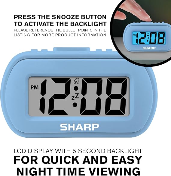 Sharp Digital Alarm Clock Tactile Case with Soft Rubberized Finish - Battery Operated Blue Backlight on Demand Ascending Alarm Easy to Use Light Blue