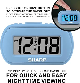 Sharp Digital Alarm Clock Tactile Case with Soft Rubberized Finish - Battery Operated Blue Backlight on Demand Ascending Alarm Easy to Use Light Blue