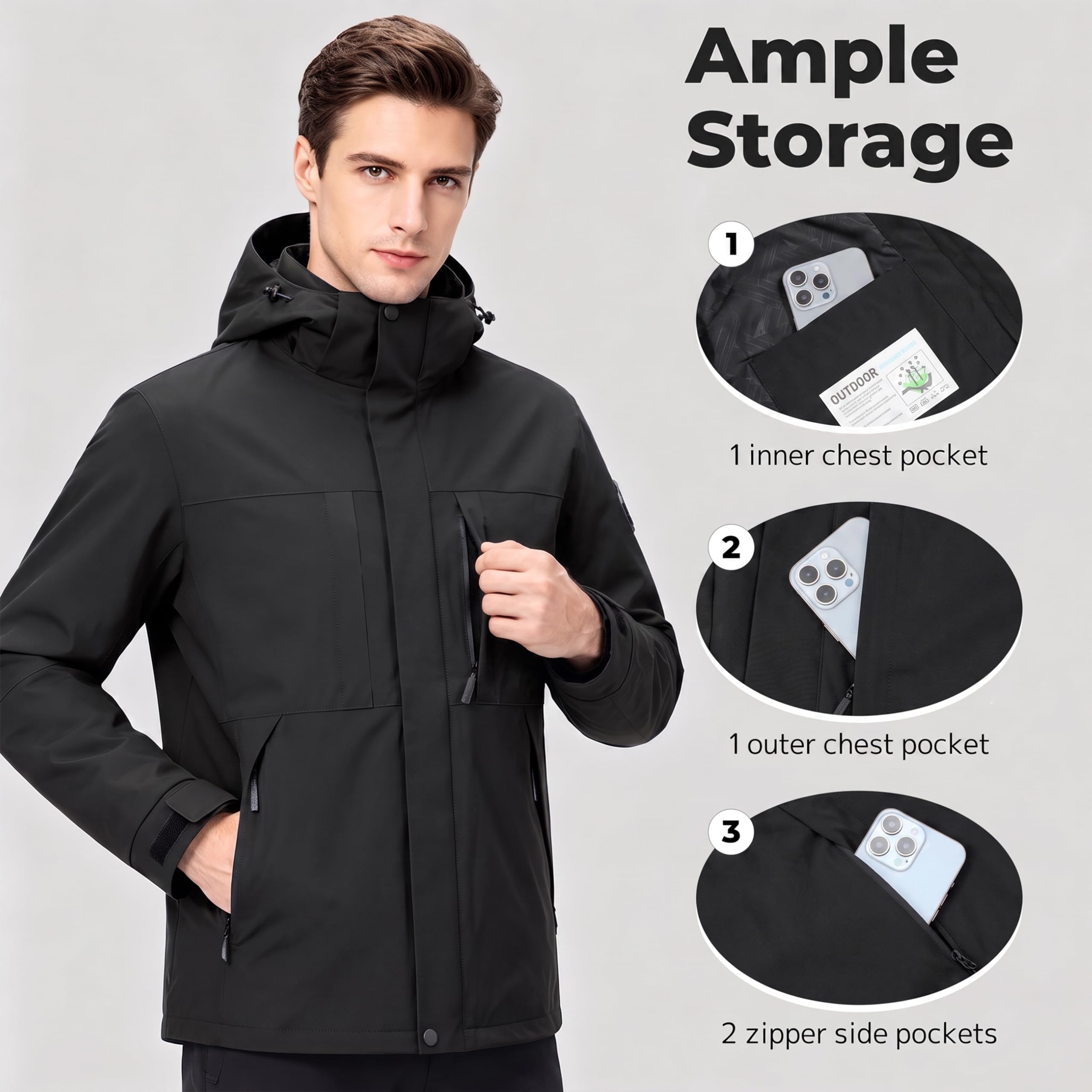 Veste Déperlante Homme Double Couche Coupe-Vent Léger Manteau Randonnée Extérieur Capuche Amovible