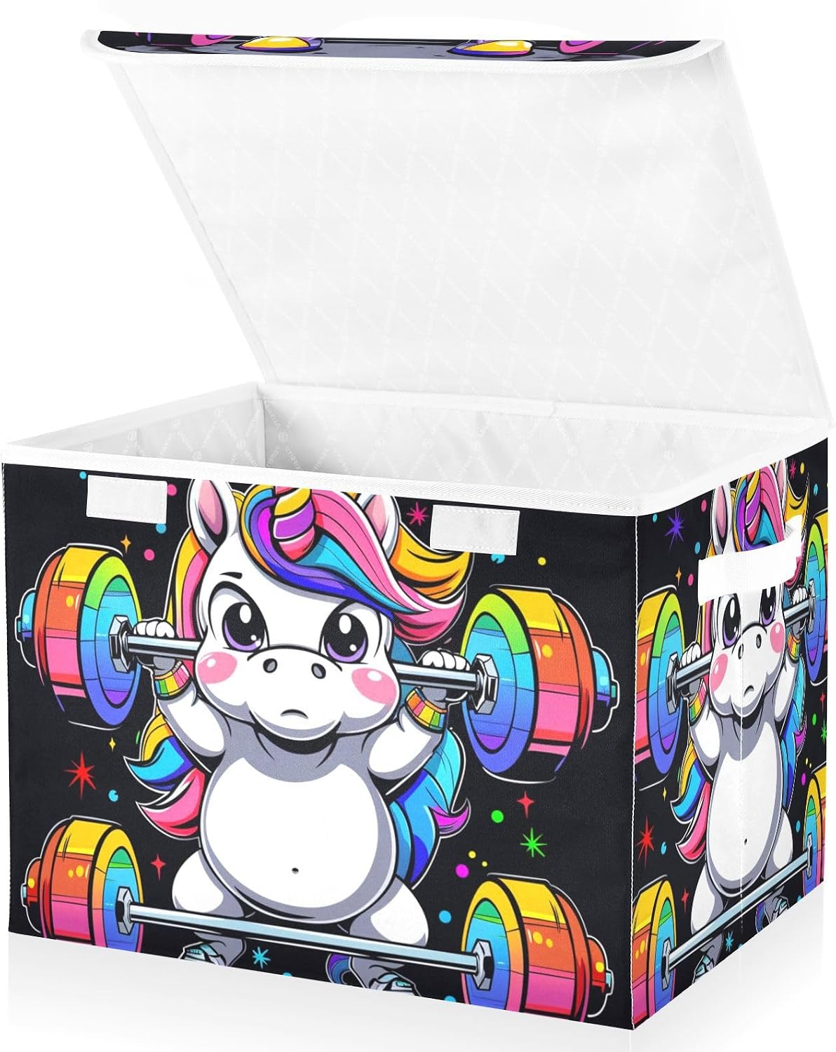 SUABO Storage Bin with Lid & Handles Weightlifting Rainbow Unicorn Storage Boxes Foldable Closet Baskets Stackable Fabric Home Clothes Organizer Container