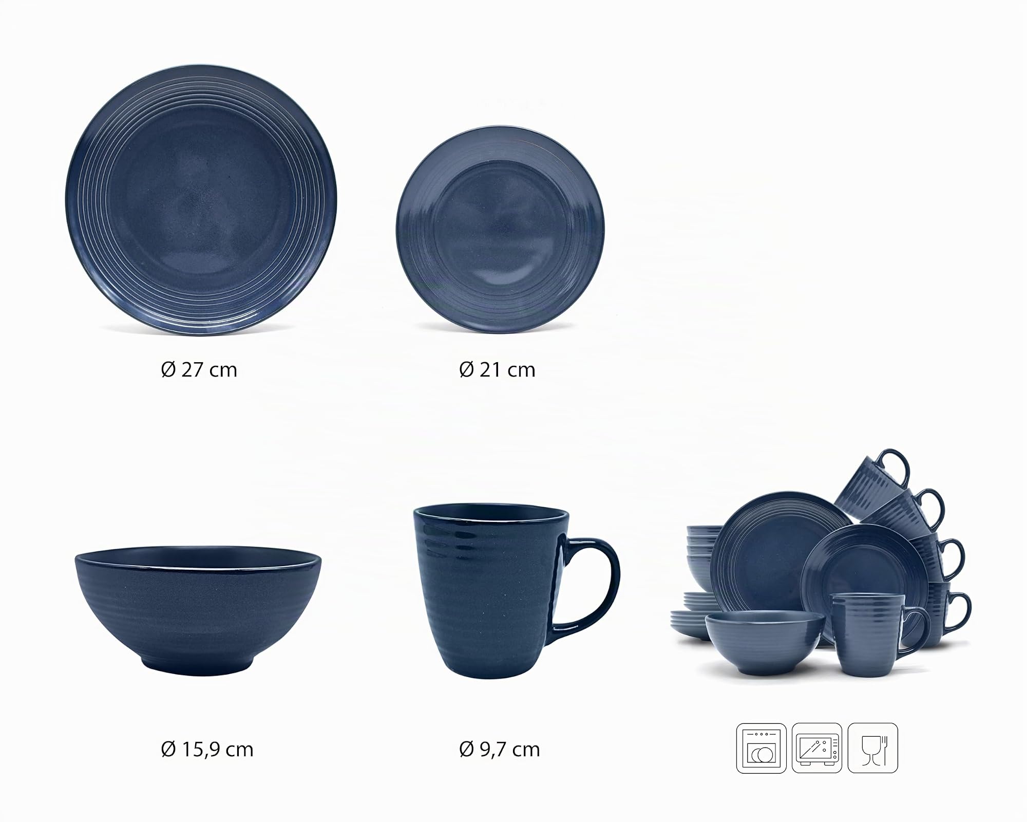 ECHTWERK Vajilla vintage de 16 piezas "Alicia", diseño moderno, para 4 personas, elegante vajilla de gres azul oscuro con 4 platos llanos, 4 platos llanos, 4 cuencos, 4 tazas de té