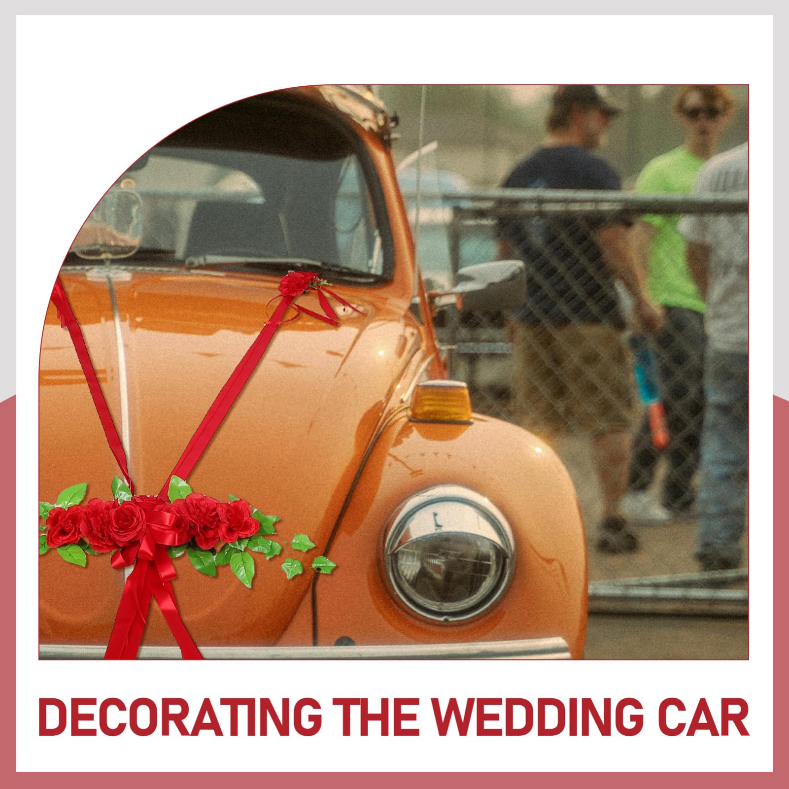 GLEAVI Elegante Hochzeitsdekoration für Hochzeitsauto mit Roten Filzherzen Künstlichen Rosen und Schleifen aus Bändern für Romantische Party und Autofeier