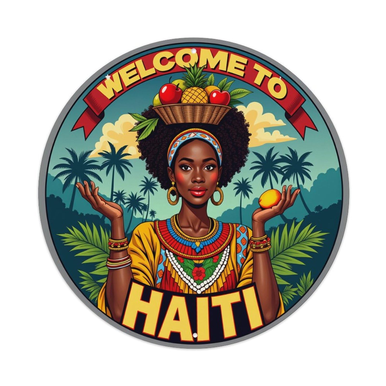 Tropical Woman With Fruit Basket Round Tin Sign Retro Metal Sign for Cafe Bar Pub Home Game Room Gym Club Wall Decoration Vintage Metal Poster 8x8 Inch