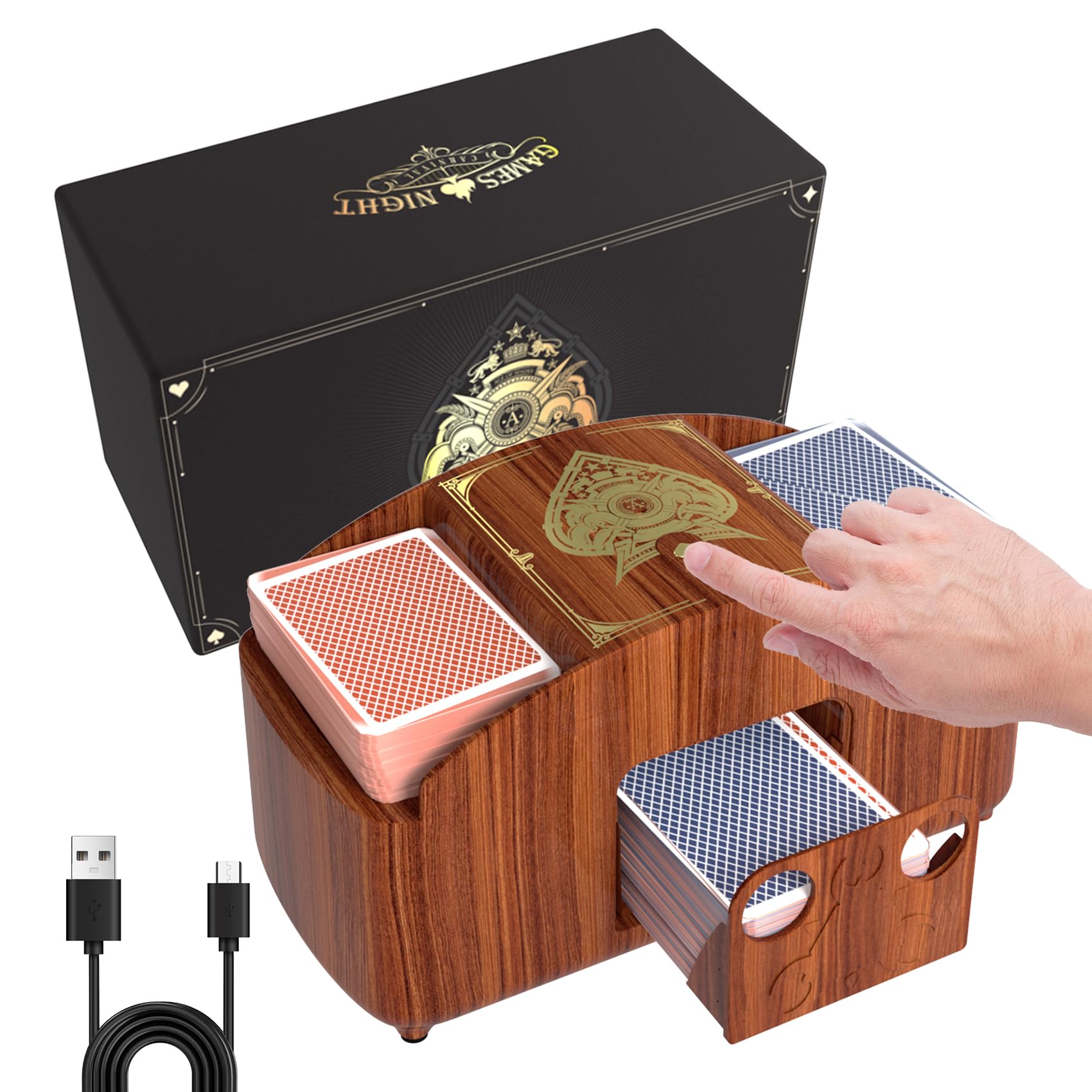 1-2 Deck Automatic Card Shuffler, Retro Casino Poker Playing Cards Electric Shuffle Machine for UNO Skip bo Blackjack Canasta Game, Battery Operated Or USB-C Powered (Walnut Wood Grain)