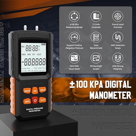 Manometer, 100 KPa Digital Manometer HVAC 12 Units Gas Pressure Tester 0.15% FSO Accuracy Updated Manometer with More Accessories