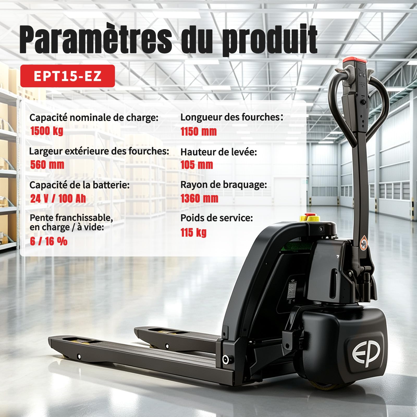 EPT15-EZ Transpalette électrique Lithium 1500 kg, fourches 1150 mm