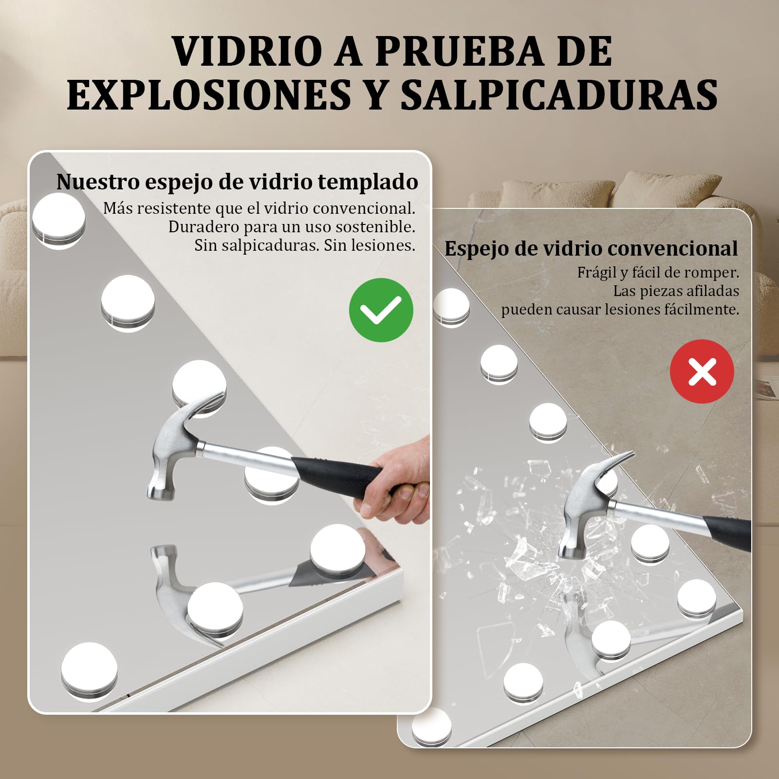 Espejo Maquillaje con Luz 58 x 46 cm, 15 LED, 3 Modos de Luz, Espejo de cortesía Hollywood, Accesorio de Aumento Incluido, Control Táctil, Función de Memoria, para Dormitorio