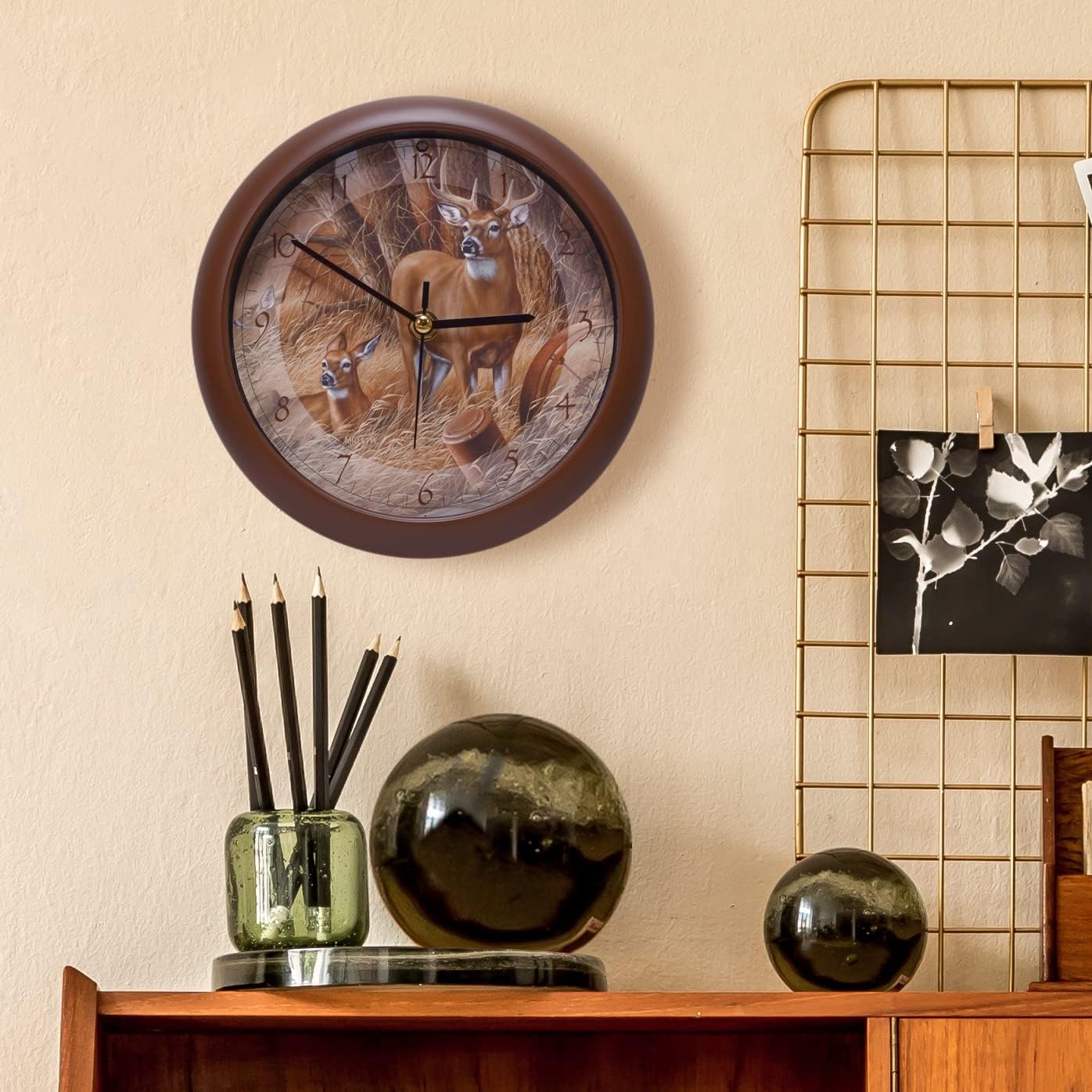 Mark Feldstein & Associates Wild Wings Rustic Retreat Whitetail Deer Nature Sounds Clock, 8 Inch, Brown, for Wall or Desk