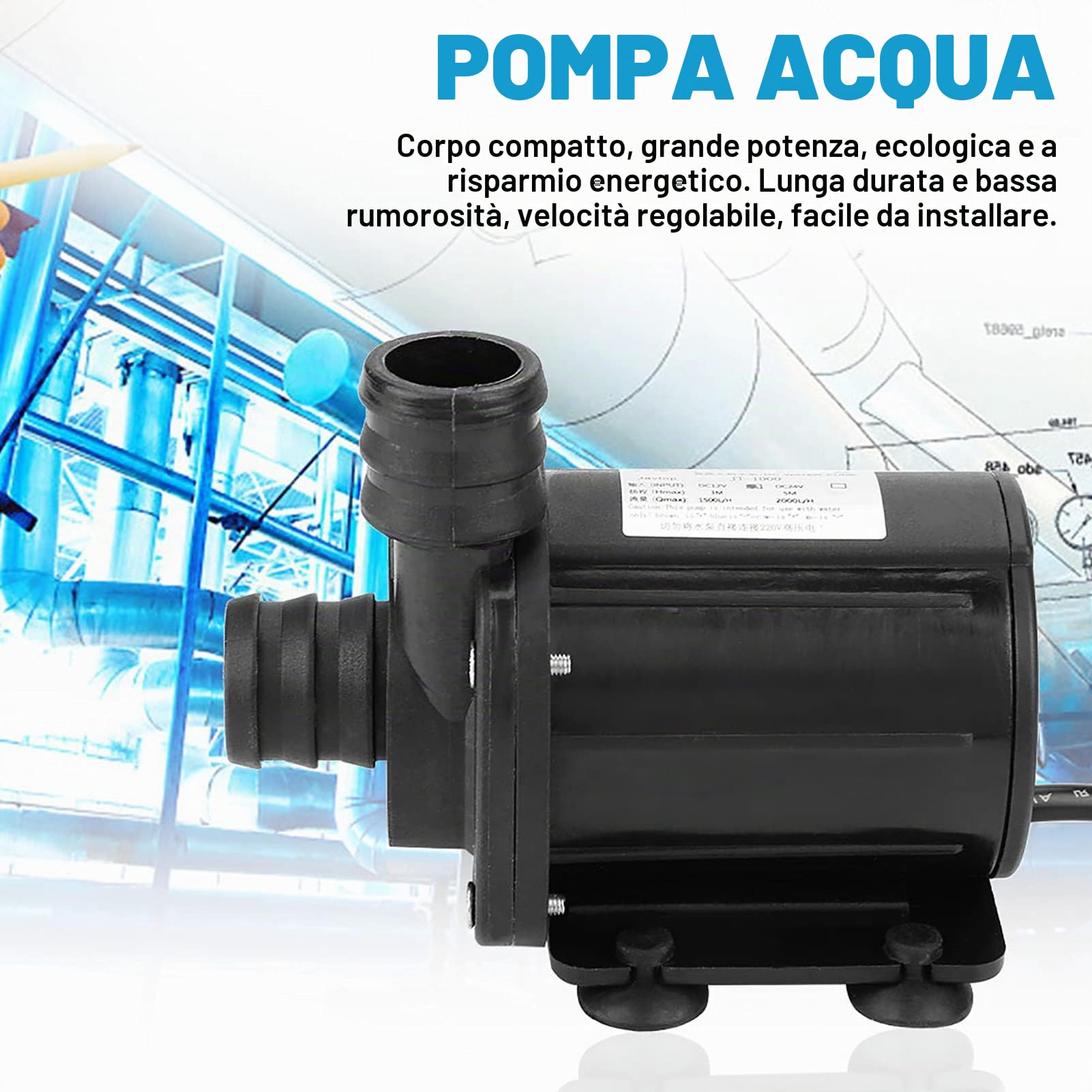Pompa Acqua DC 12V 1500L/h, Micro Pompa Brushless per Acquario, Fontana e Giardino, Silenziosa, Modello JT-1000A-12