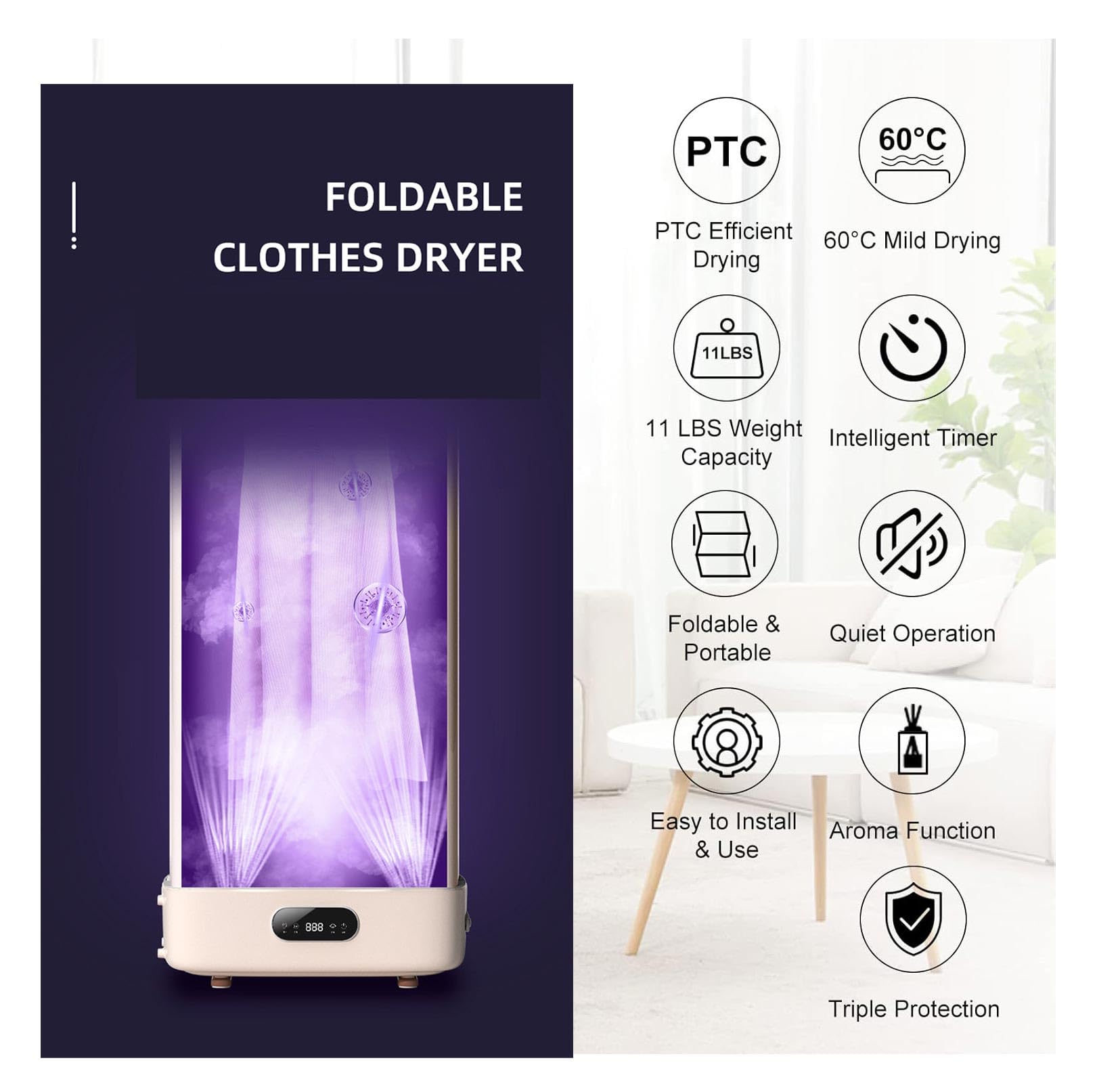 Asciugatrice elettrica portatile asciugatrice slim stendino di stenditura Design Pieghevole e Salvaspazio Facile da montare e spostare Capacità di Carico di 8 kg, per Appartamento e Casa
