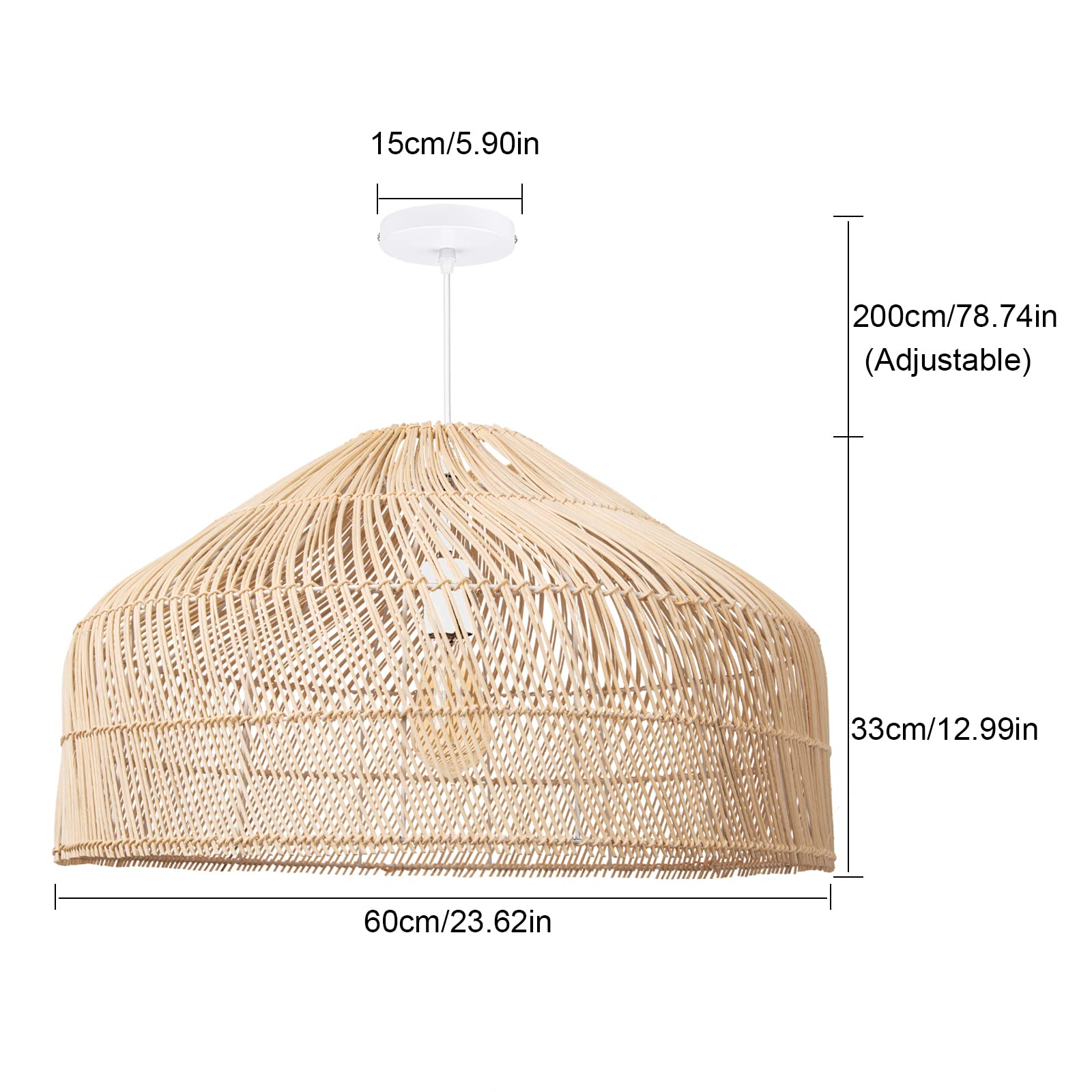 Woven Boho Pendant Light, Rattan Wicker Chandelier Hanging Lamp Ceiling Lighting Fixture for Kitchen Island Restaurant Craft Room, 60cmx33cm