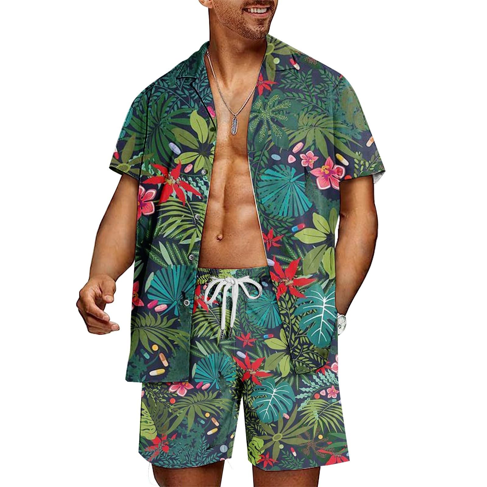 Conjuntos de Playa con Botones Y Forro de CompresióN Traje Hawaiano Camisa Manga Corta Y Pantalones Cortos Conjunto de Vacaciones para Hombres 2 Piezas Camisa Hawaiana Y Conjunto Corto