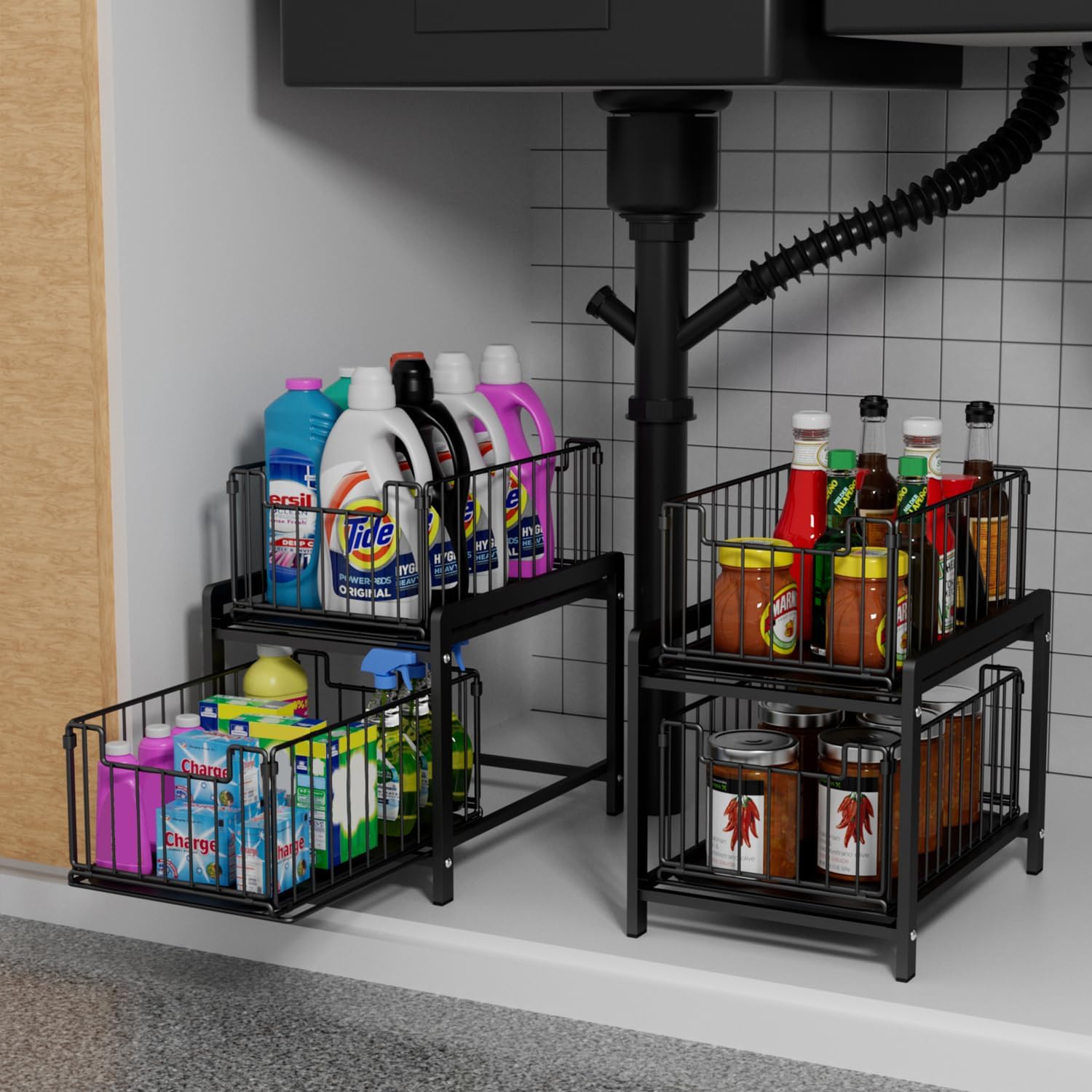 2 Tier Sliding Basket Drawer Organizer, Lxmons Pull Out Under Sink Cabinets Organizers, Metal Home Shelf for Bathroom or Kitchen, Sliding Countertop or Pantry Storage Shelf, Large Black - Image 3