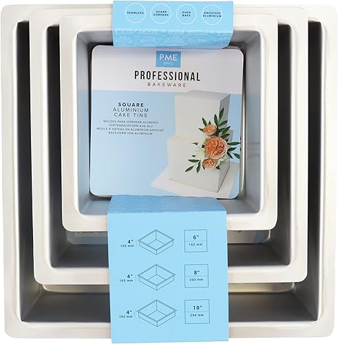 PME Sartenes cuadrados para tartas de 6, 8, 10 pulgadas x 4 pulgadas de profundidad, juego de 3, plateado (SQRB68104)