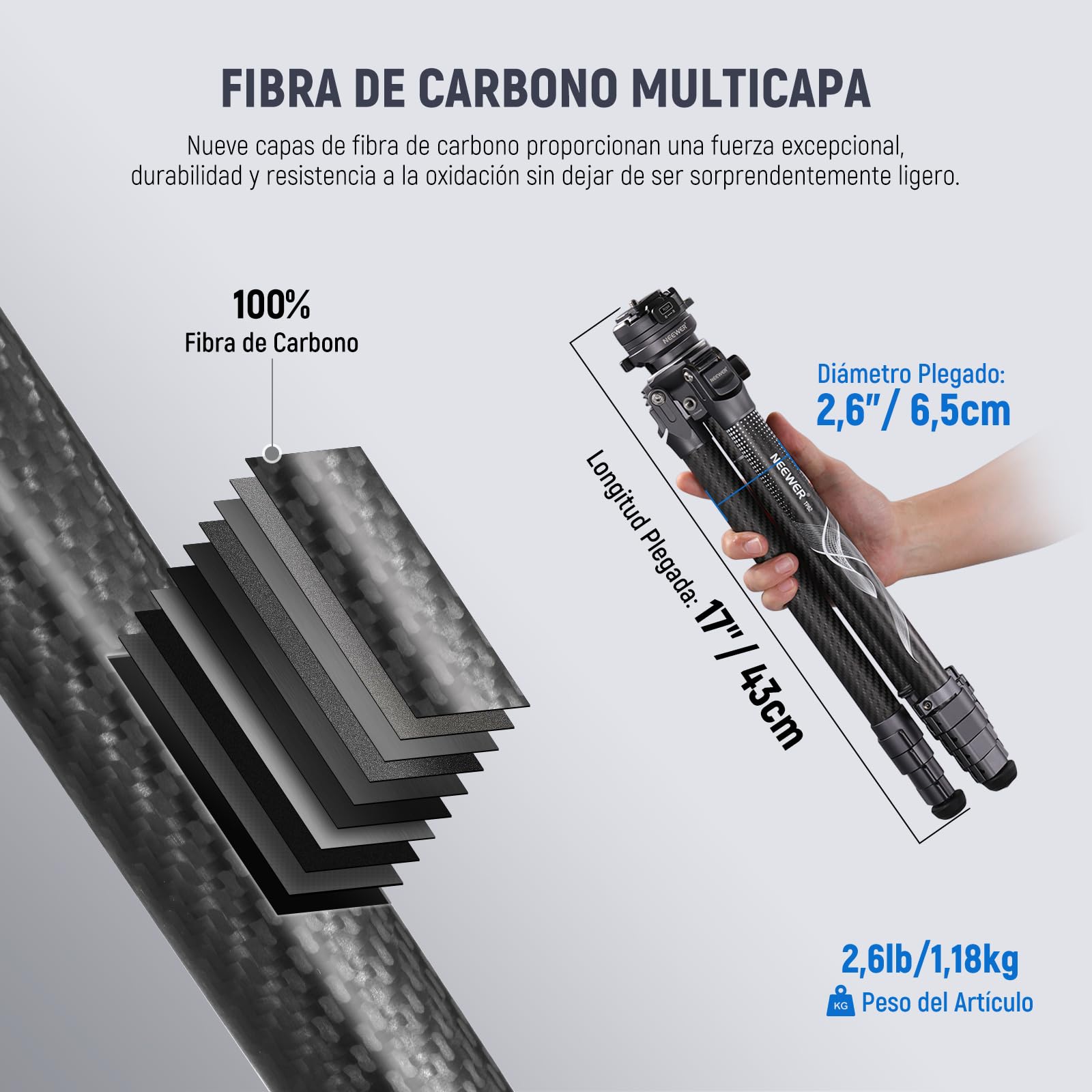 NEEWER LITETRIP LT32 - Trípode de viaje de fibra de carbono de 62 pulgadas con nivelación de ± 15°, cabeza panorámica de 360°, eje central desmontable, hebilla de giro rápido, placa Arca QR compatible