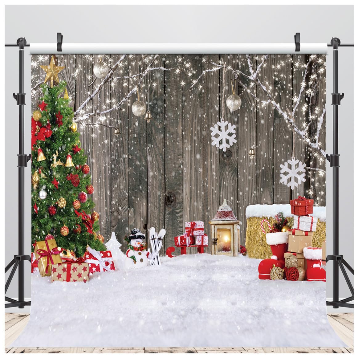 AIIKES 10x8FT Christmas Photography Backdrop - Tree, Snowflake, Gift Wood Backdrop for Holiday Party & Family Gathering Decoration Studio Props 12-577