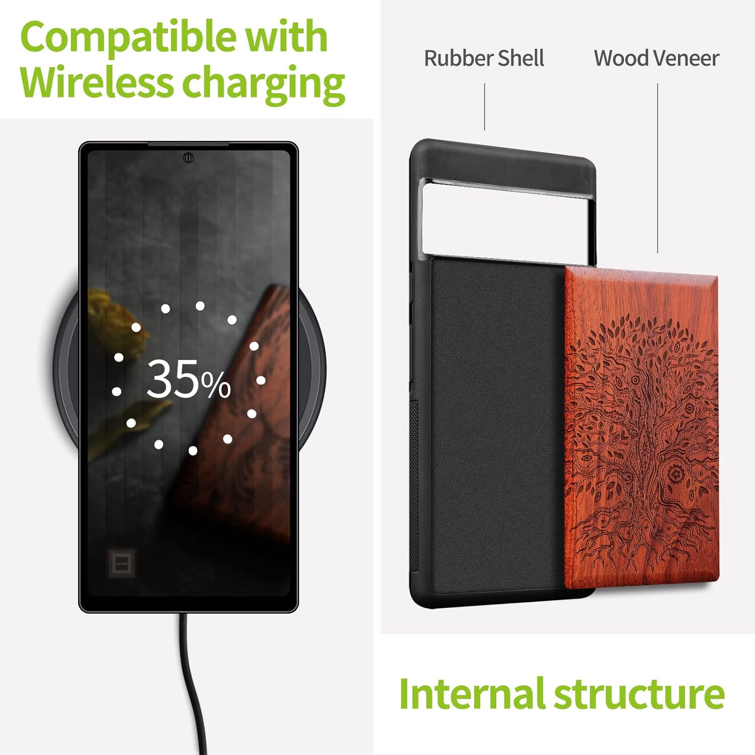 Carveit Wood Case for Pixel 7 Case [Natural Wood & Black Soft TPU] Shockproof Protective Unique & Classy Wooden Cover Compatible with Google Pixel 7 (Hand Drawn Tree-Rosy)