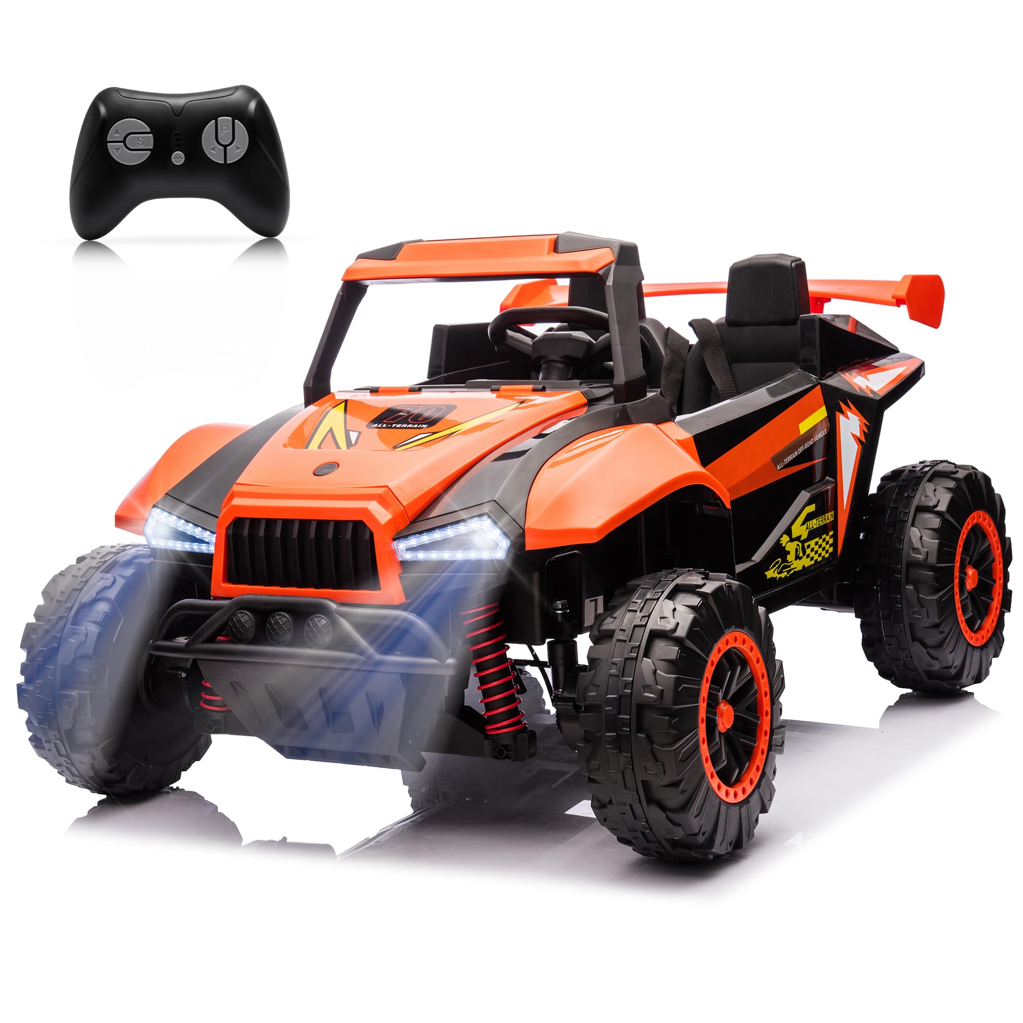 24v 2-seater kids ride on car electric off-road utv side by side with 2wd powered wheel electric vehicle with remote control, bluetooth, led light gift for boys and girls 3-8 aged- orange