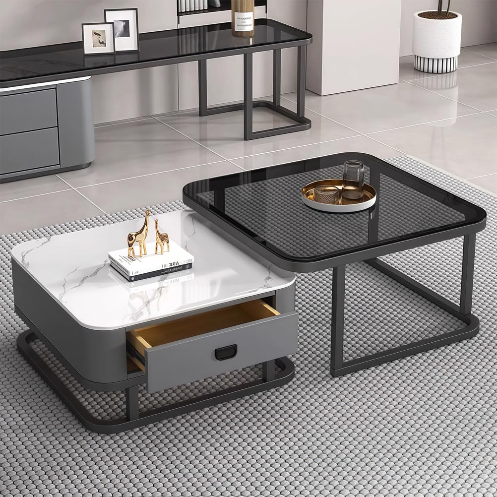 SXZenSpace Square Coffee Table Set with Storage, Nest of Tables Tempered Glass and Rock Slab Top, Stacking End Side Metal Frame for Living Room, Bedroom, Office, Balcony, Apartment, White