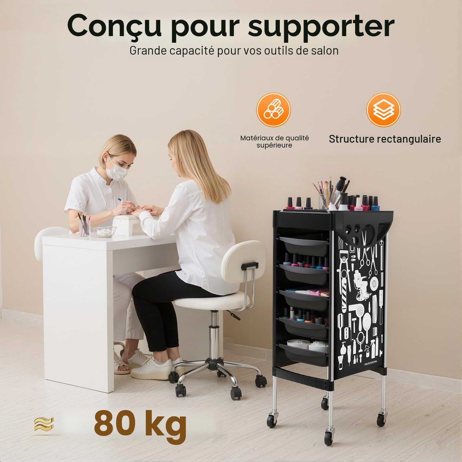 Chariot de Coiffure Professionnel, Chariot de Salon de beauté, Tablette Coiffure a Roulette, avec 5 tiroirs et roulettes, Plateau Extensible