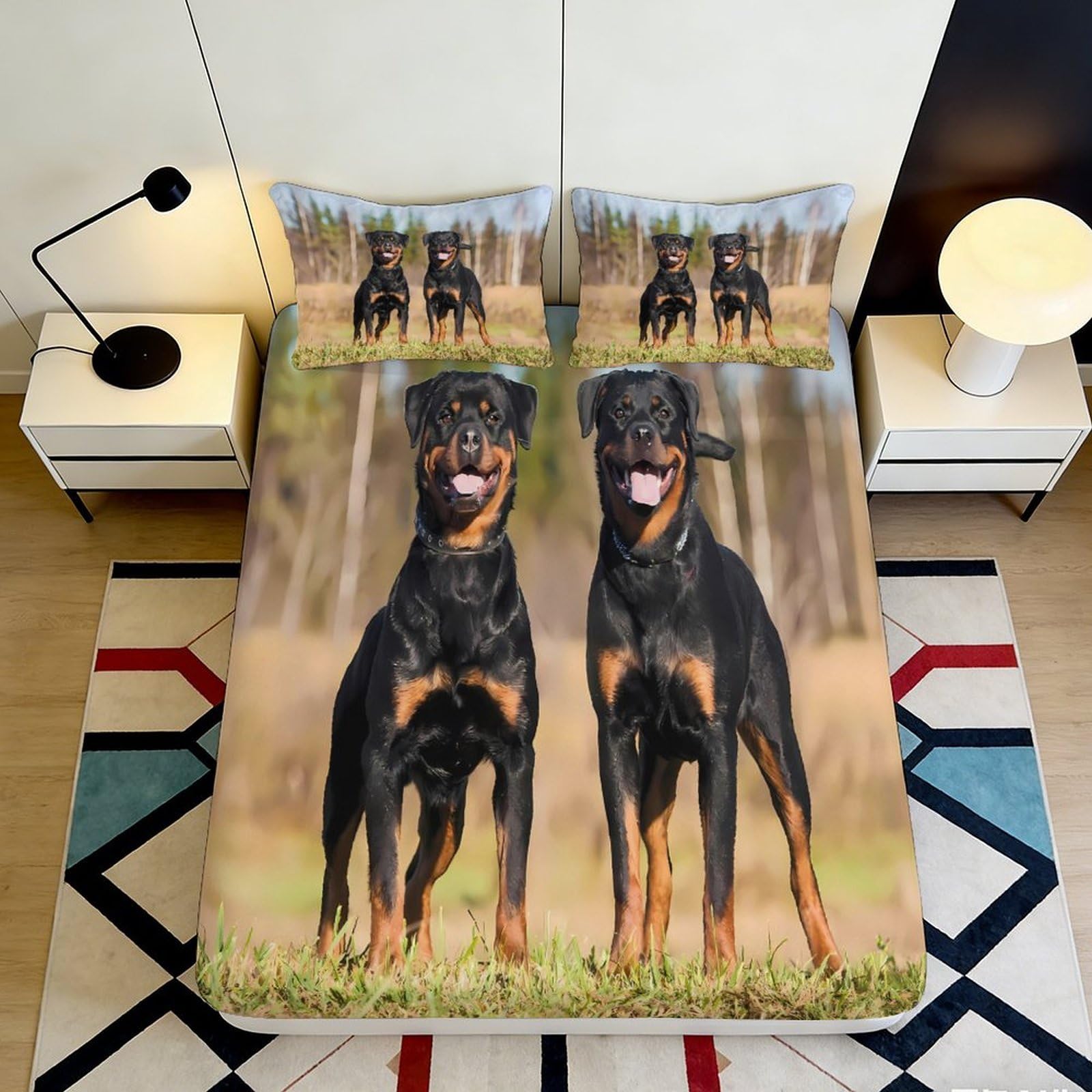3D Printed Rottweiler Dog Fitted Sheet Microfiber Soft Breathable Dog Portrait Bed Cover for Bedroom Dormitory Guest Room Mattress Protection Decor 200x200x25cm
