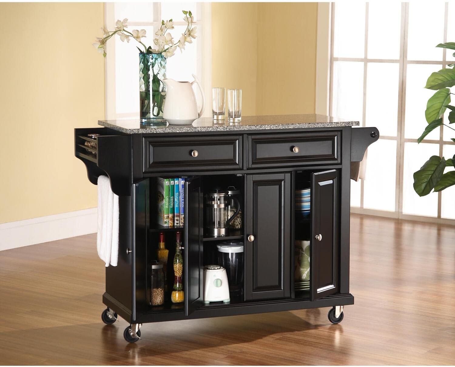 HomeStock Kitchen Cart with Stainless Steel Top & Shelves - Mobile Island Storage Black/Gray Granite Top