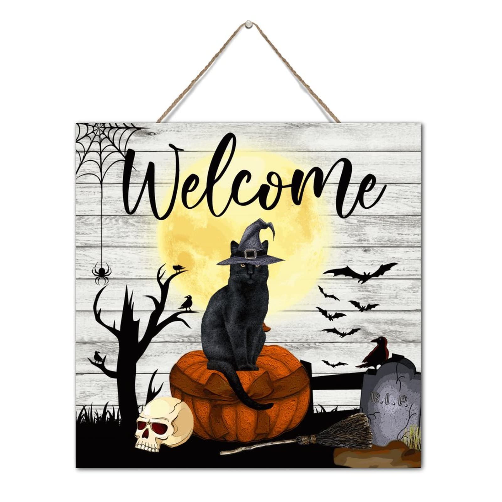Plaque en bois chat noir pour accueillir vos invités avec une touche vintage à Halloween