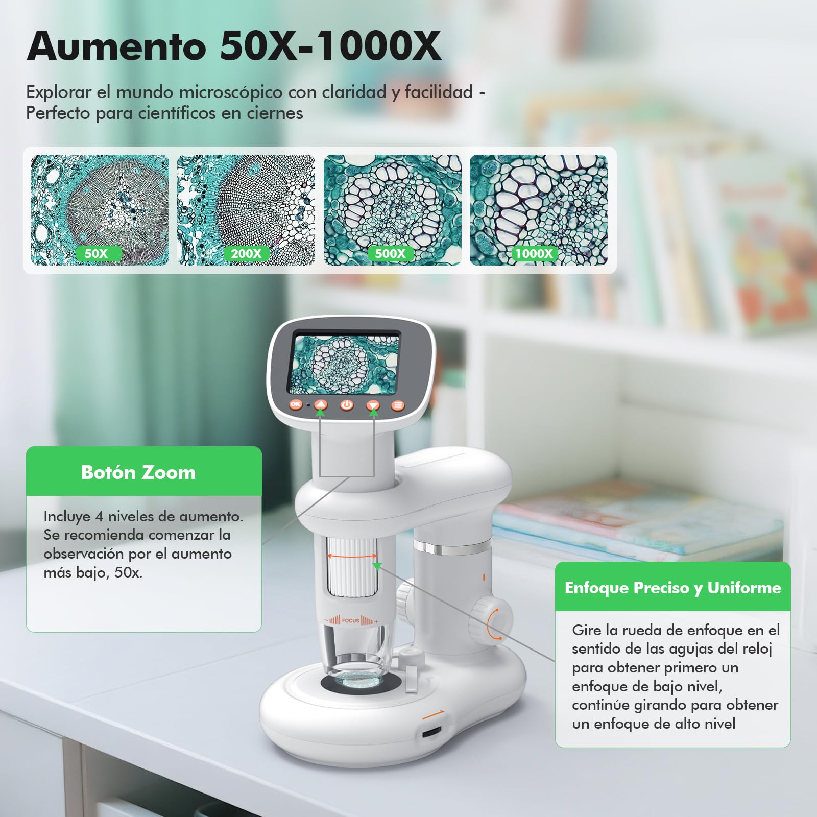 HOMEASY Microscopio para Niños Digital 50X a 1000X con Pantalla HD y Doble Luz LED Juguete Educativo para Aventuras Científicas Regalo Ideal para Niños con Set de Accesorios Incluido y Tarjeta SD 16GB