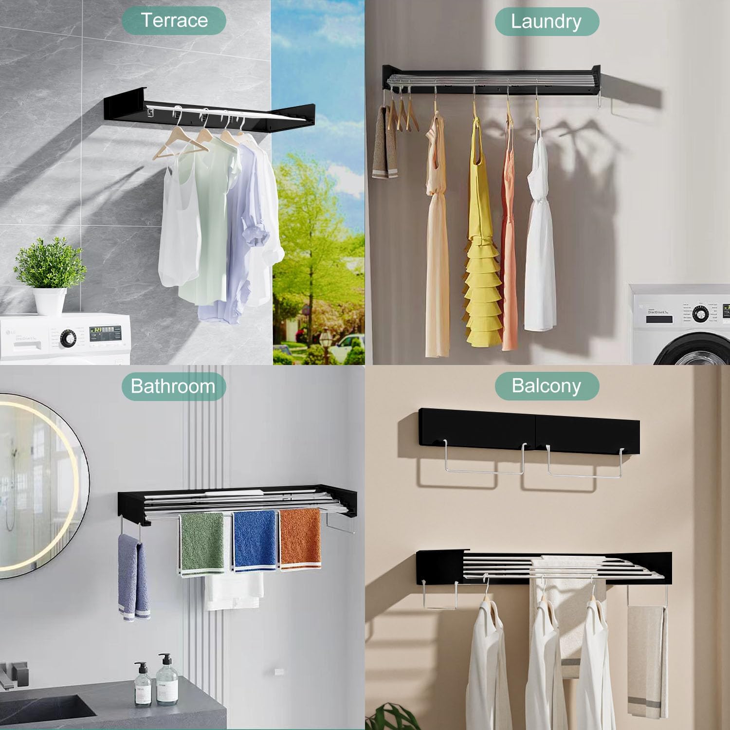 Wall Mounted Laundry Rack, Collapsible Clothes & Towel Drying Rack for Indoor & Outdoor, 60 lb Capacity, 31.5' Wide, 13.5 Linear Ft, Black