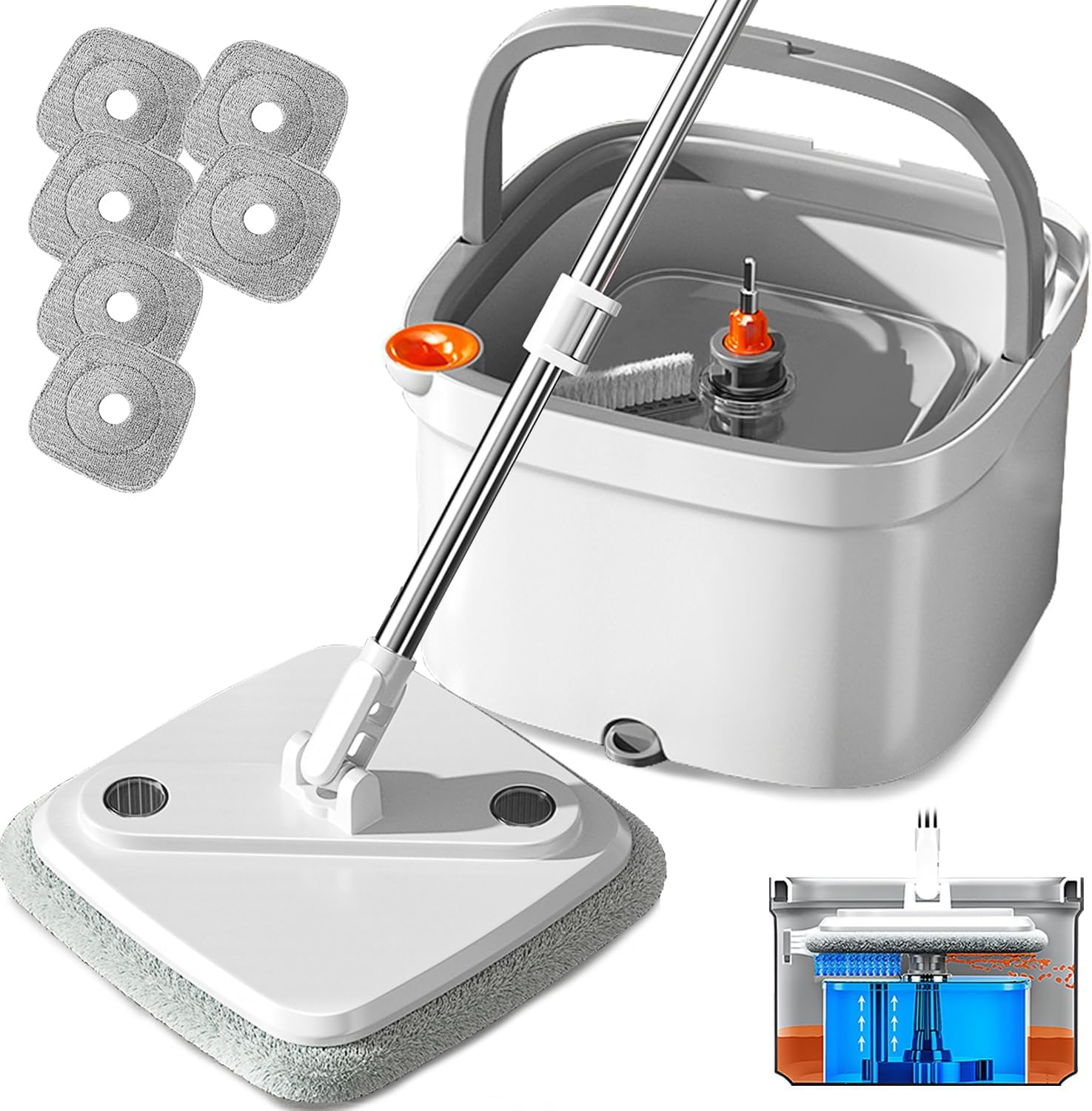 KZKR Spin Mop and Bucket Set with Self Separation Dirty and Clean Water System, Self Wringing 360° Rotating Square Mop Head for Home Floors Cleaning (1.0 Mop and Bucket Set (6 Pads)) KZKR Spin Mop and Bucket Set with Self Separation Dirty and Clean Water System, Self Wringing 360° Rotating Square Mop Head for Home Floors Cleaning (1.0 Mop and Bucket Set (6 Pads))