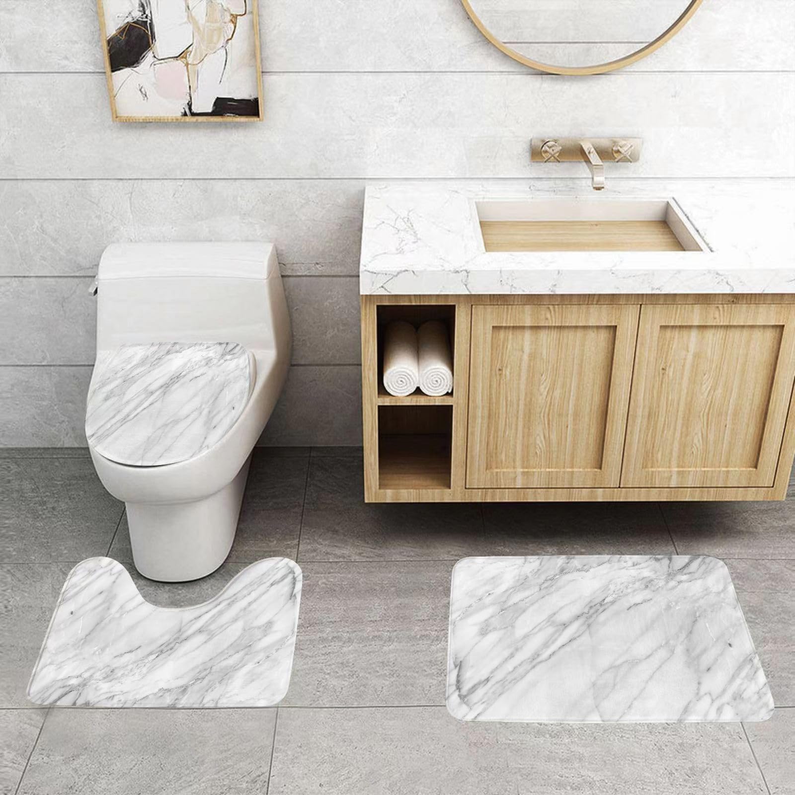 Set di 3 tappetini da Bagno, Lavabili in Lavatrice e Antiscivolo, tappetini in Morbida Fibra Superfine, Effetto Marmo, Sfondo Effetto Marmo.