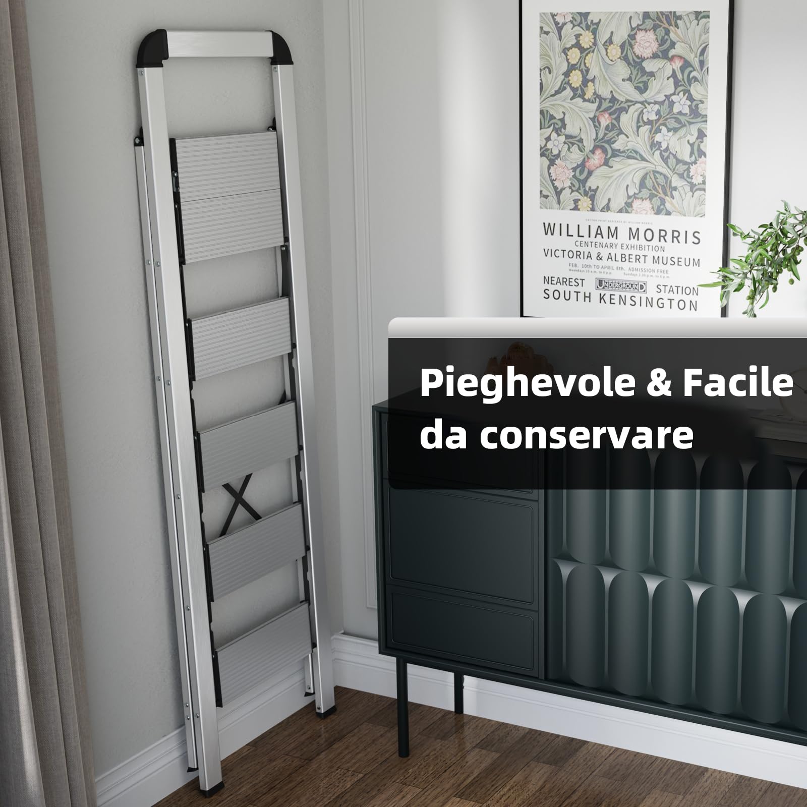 KINGRACK Scaletta 5 Gradini Pieghevole in Alluminio Leggera con Corrimano, Blocco di Sicurezza, Pedali Antiscivolo, Scala per Cucina Garage Casa, Salvaspazio Robusta e Portatile Massima 150kg, Argento