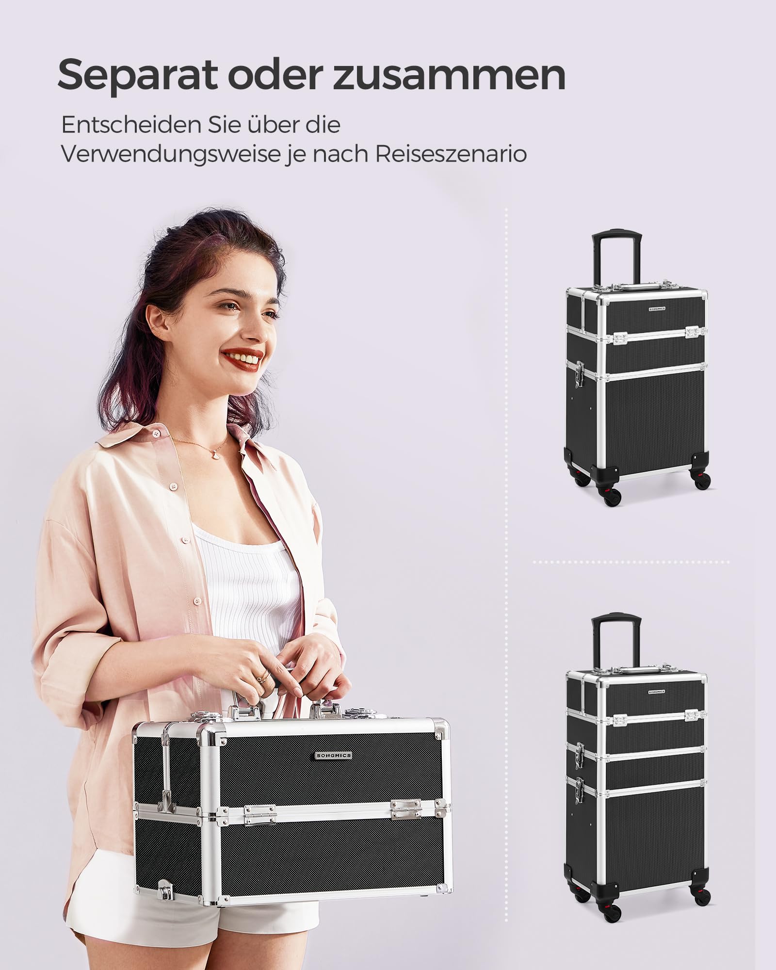 SONGMICS Kosmetikkoffer Trolley 4-in-1 Schminkkoffer 35 x 25 x 79 cm abschließbar 360° drehbare Rollen schwarz