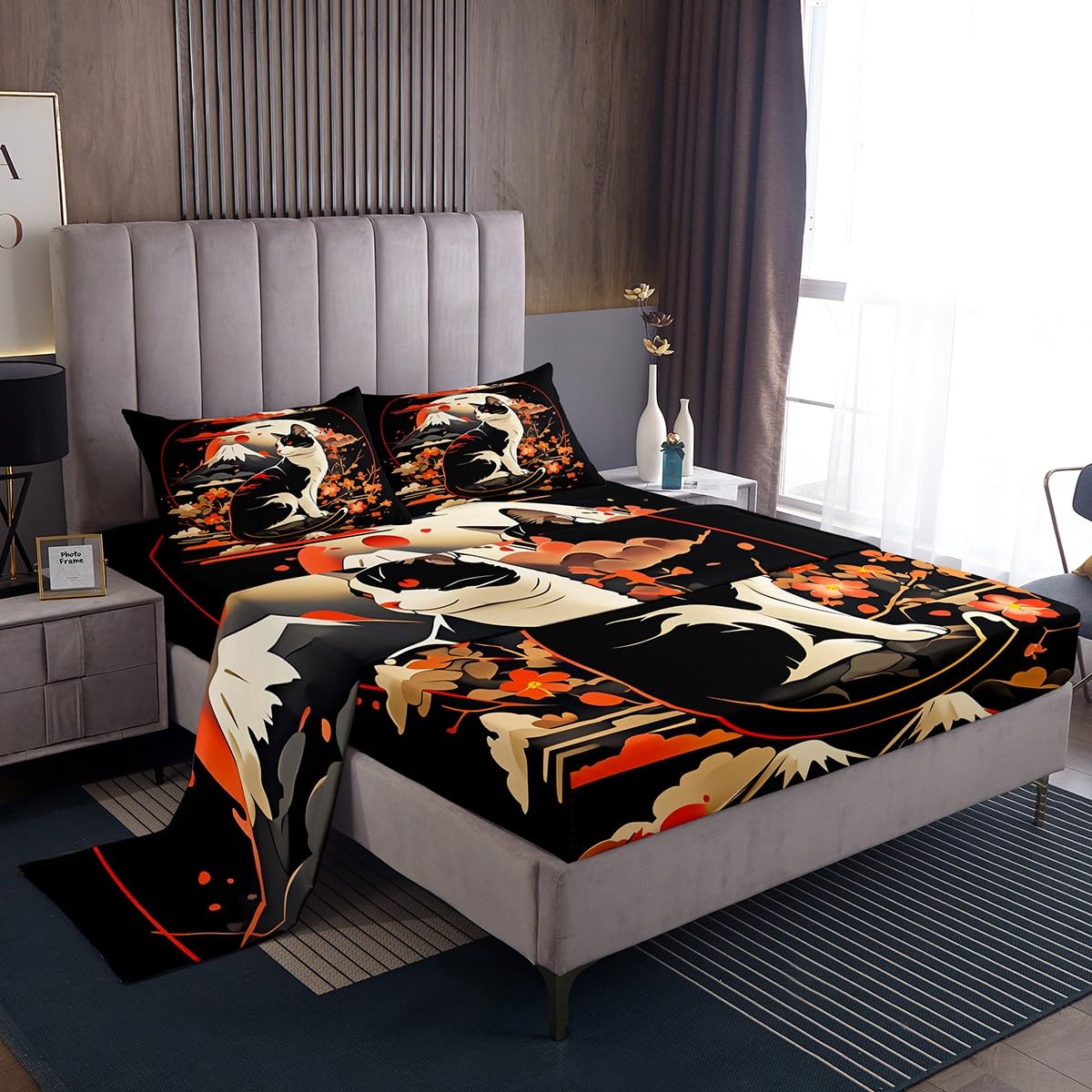 Feelyou Kids Kawaii Cat Anime Sheet Set Full Size Japanese Retro Funny Cat Bed Sheets Set Boys Girls