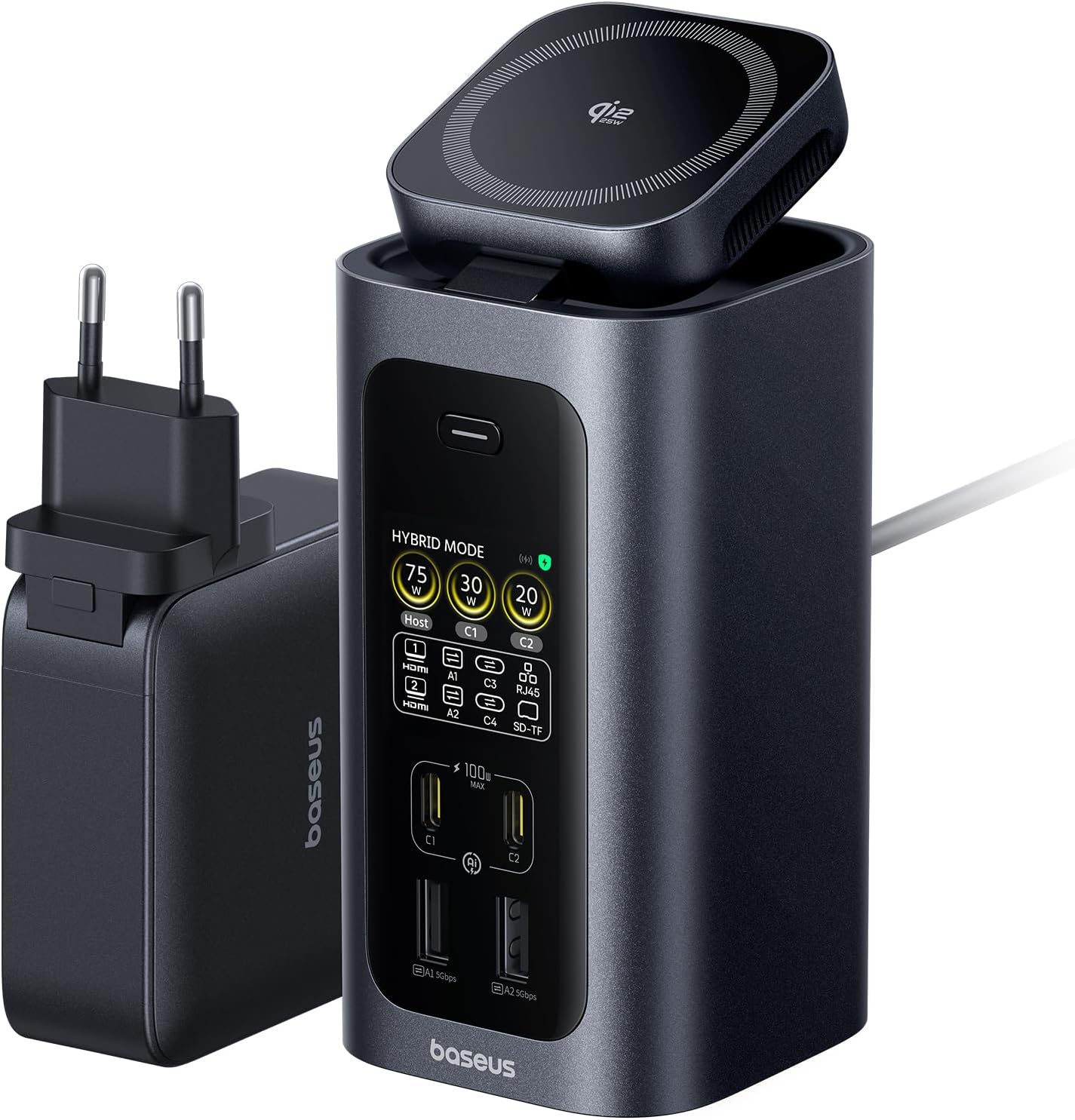 Baseus Spacemate Pro 15 in 1 Docking Station con Alimentatore 2 Monitor per Windows, con 25W Wireless, Display Intelligente, 4K HDMI, 10Gbps USB-C/A, 100W PD, Ethernet, Compatibile con HP/Lenovo/Dell