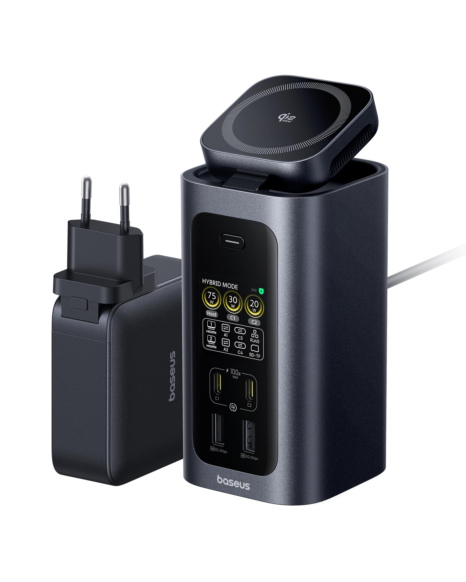 Baseus Spacemate RD1 Pro 15 in 1 Docking Station 2 Monitor per Window | Alimentatore GaN 180W, Uscita 160W 4 Dispositivi, 25W Qi2.2 Wireless, Display Intelligente, HDMI 4K@120Hz , 10Gbps USB-C/A