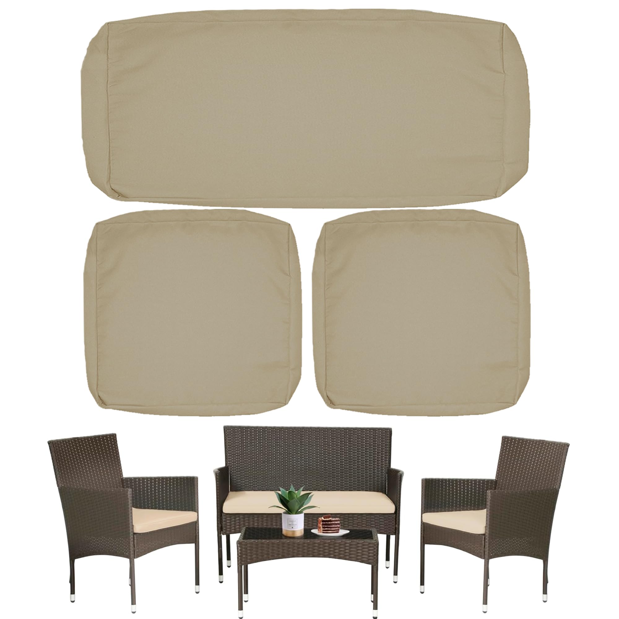 Sqodok 3 Pack Outdoor Cushion Covers Replacement, Waterproof Patio Seat Cushion Cover Fit for 4-Seater Wicker Rattan Conversation Set Loveseat Chair Couch Furniture, Cover Only, 36x18x2,18x18x2, Tan-image-10